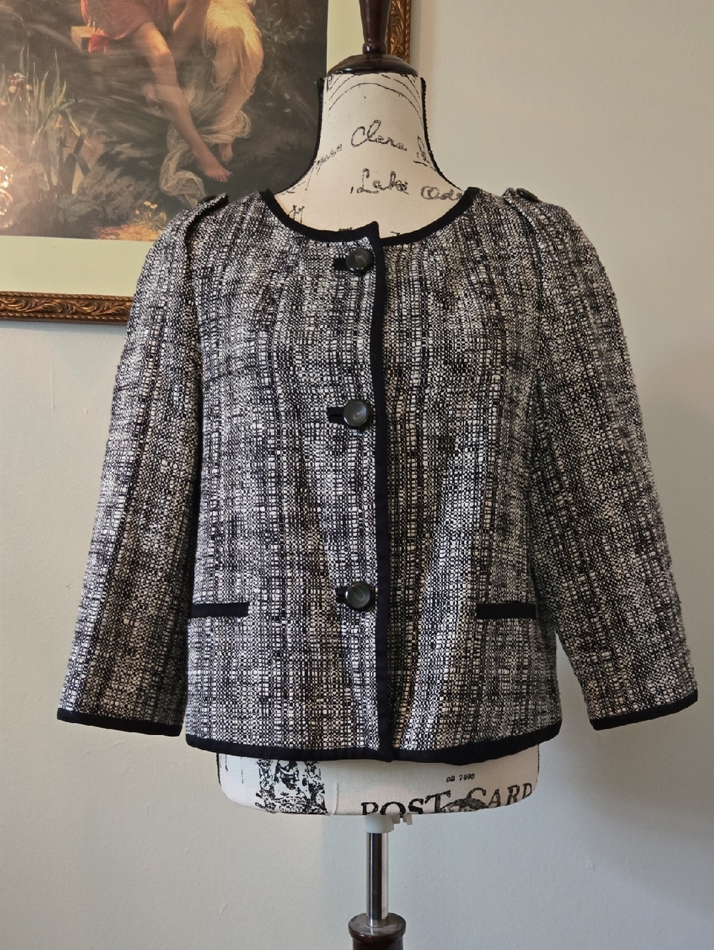 Talbots Black and White Tweed Cropped Button Jacket